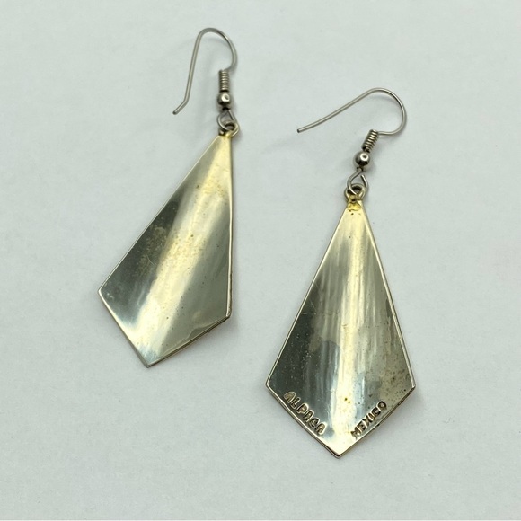 Vintage Alpaca Mexico Silver Drop Earrings Black Inlay Chevron Diamond - Picture 9 of 9